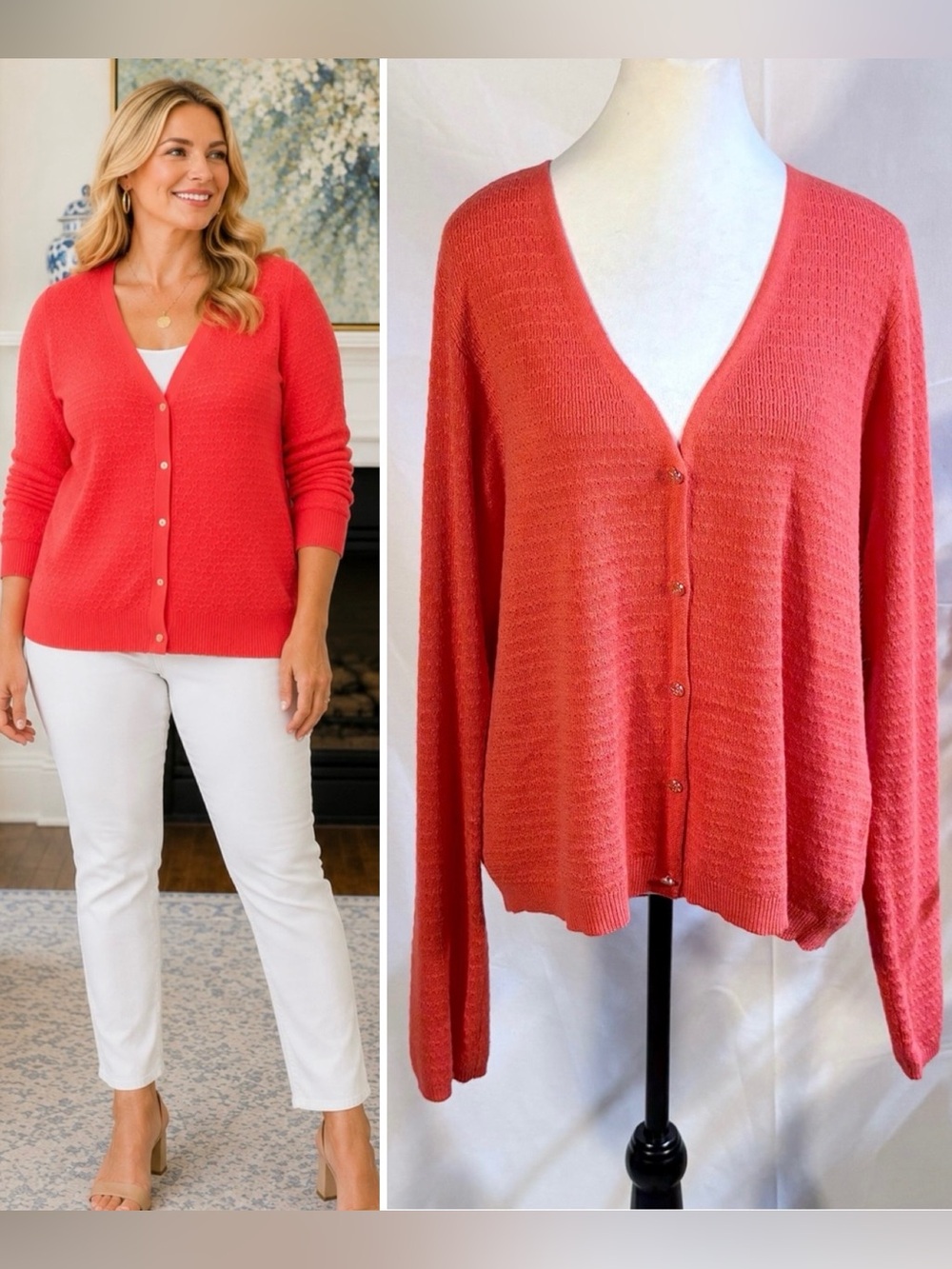 NWT Draper James RSVP Textured Stitch Cardigan Sweater Red (Coral) V-Neck  XXL💚